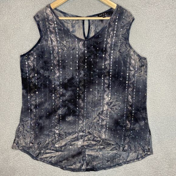 Y2K Whimsigoth Sz XL Stretch Dark Dyed Embellished Sequin Ribbon Blouse Tank Top - Picture 1 of 10